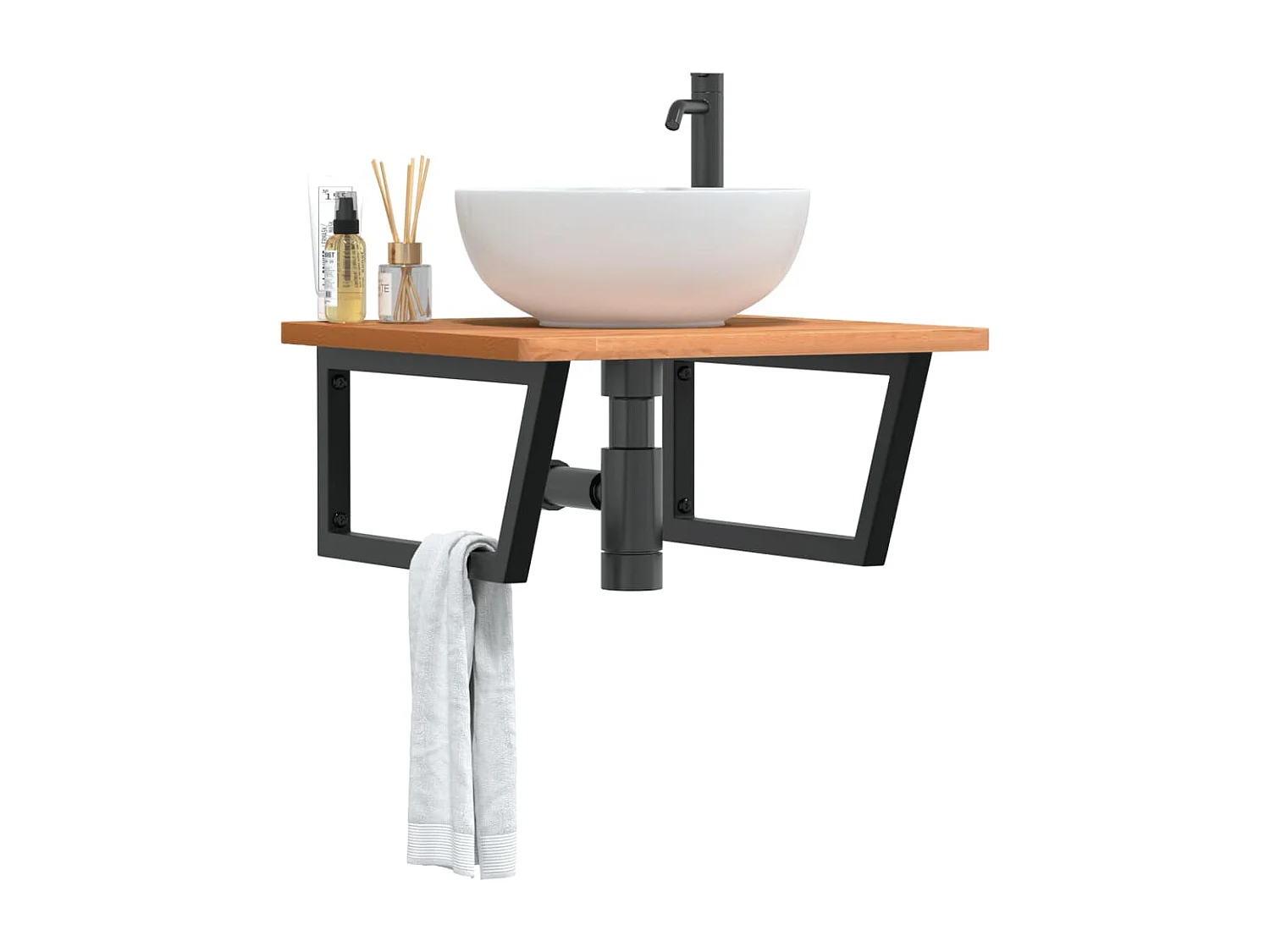 Waschbeckenregal Wandmontage Stahl und Massivholz Buche