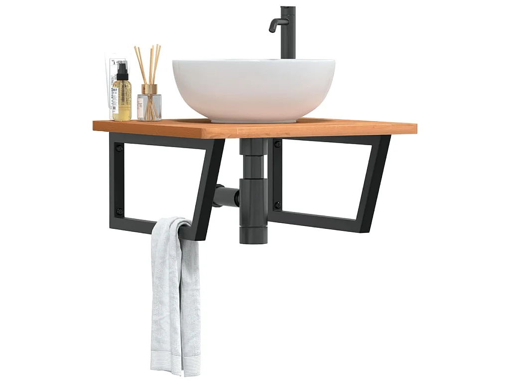 Waschbeckenregal Wandmontage Stahl und Massivholz Buche