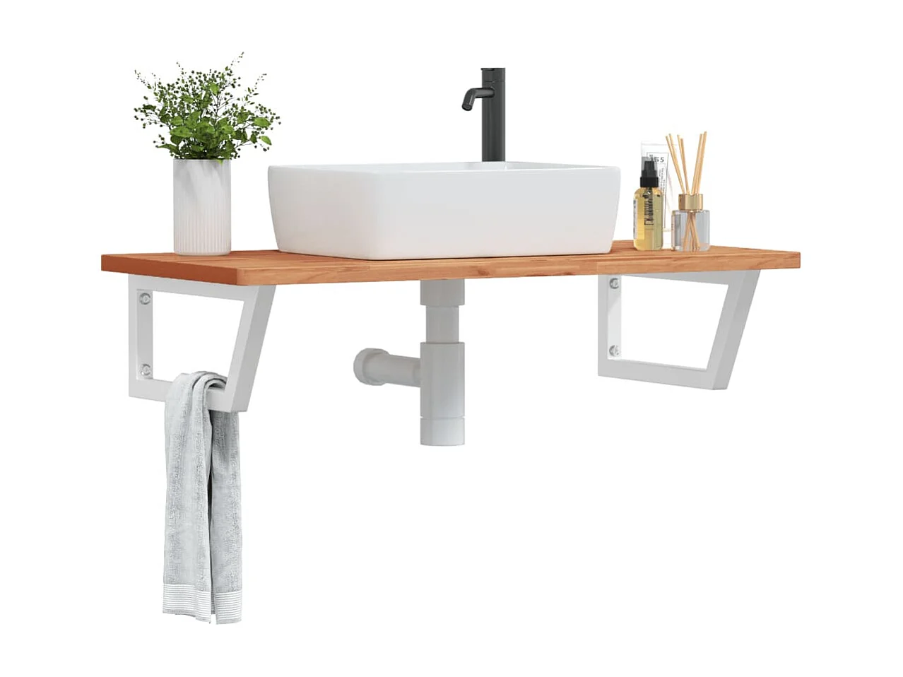 Étagère de vasque murale acier et bois massif de hêtre