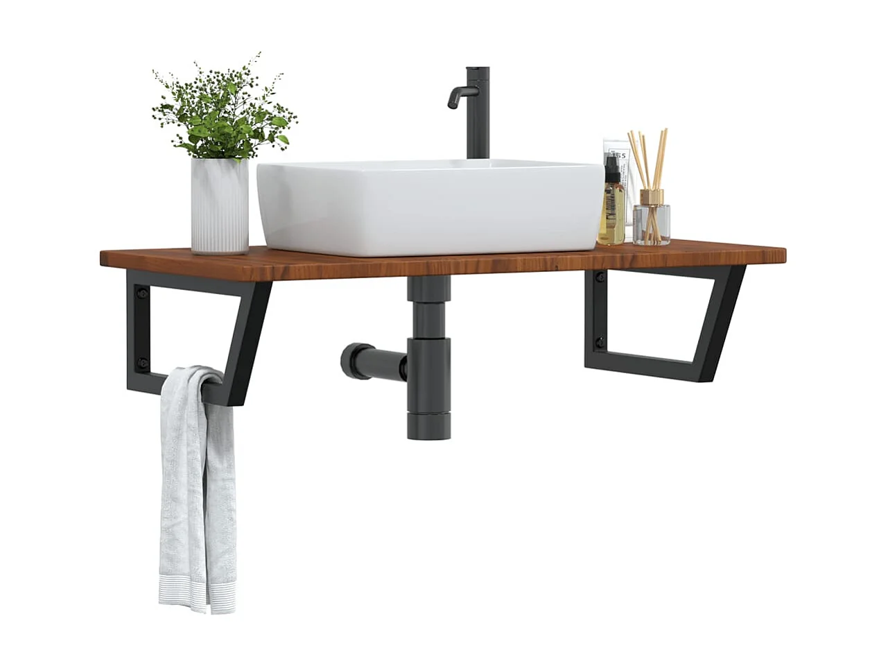Waschtischplatte mit Halterung Stahl und Massivholz Eiche