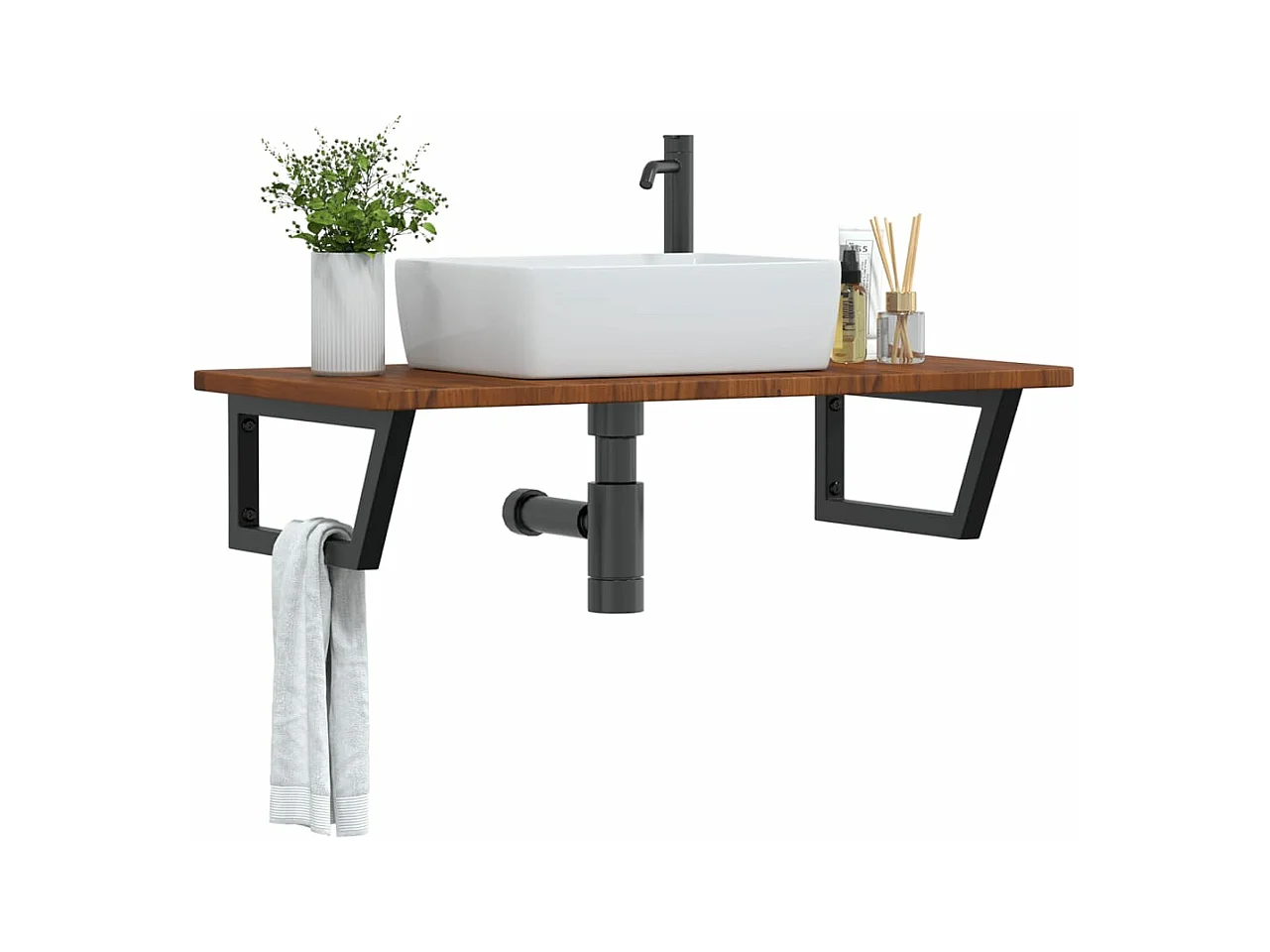 Estante de lavabo de pared de acero y madera maciza de roble