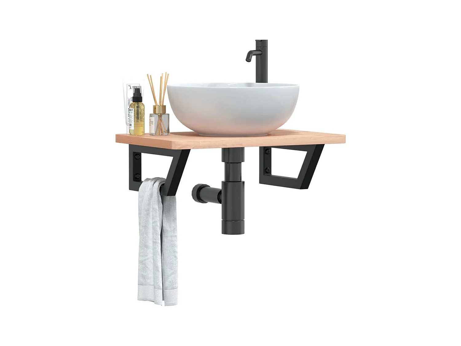 Waschbeckenregal Wandmontage Stahl und Massivholz Buche