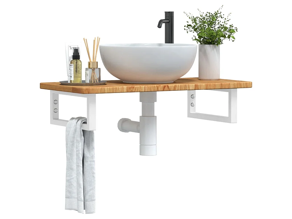Estante de lavabo de pared de acero y madera maciza de roble