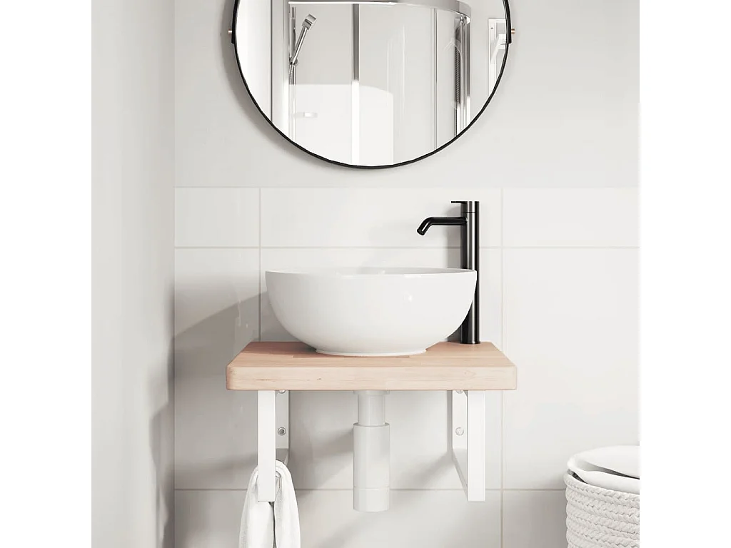 Estante de lavabo de pared de acero y madera maciza de roble