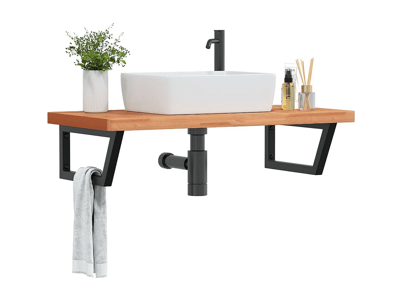 Waschbeckenregal Wandmontage Stahl und Massivholz Buche