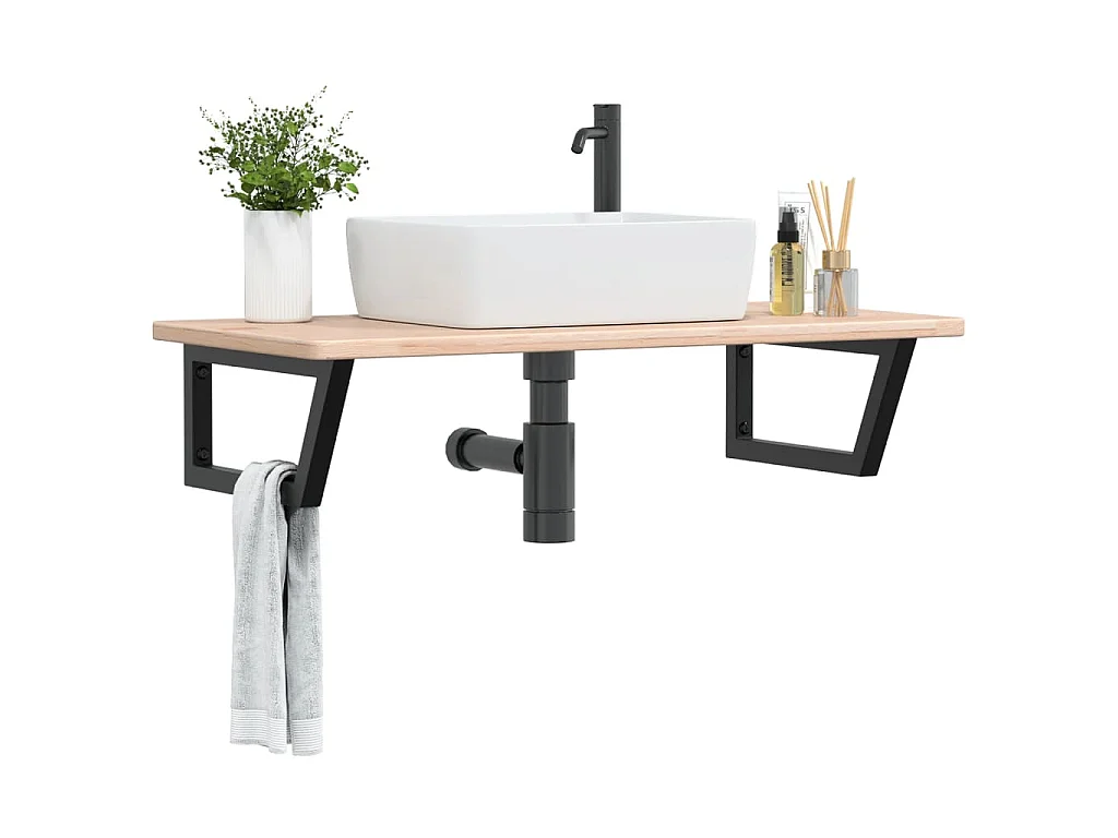 Estante de lavabo de pared de acero y madera maciza de roble