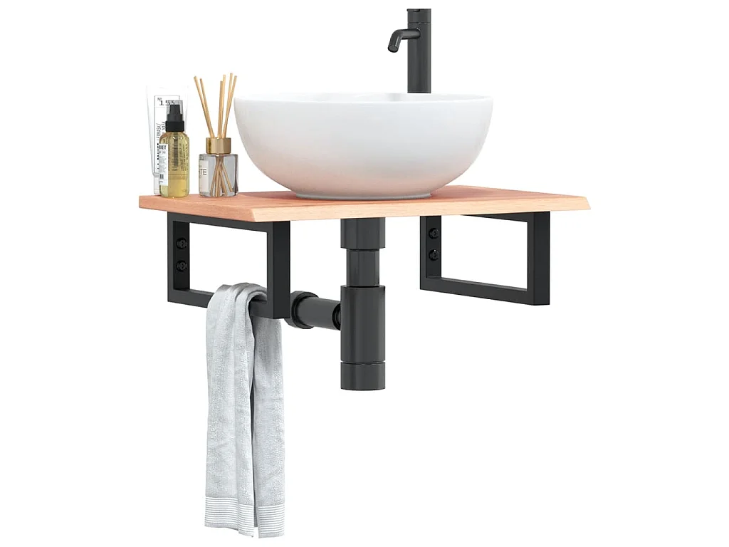 Estante de lavabo de pared de acero y madera maciza de roble