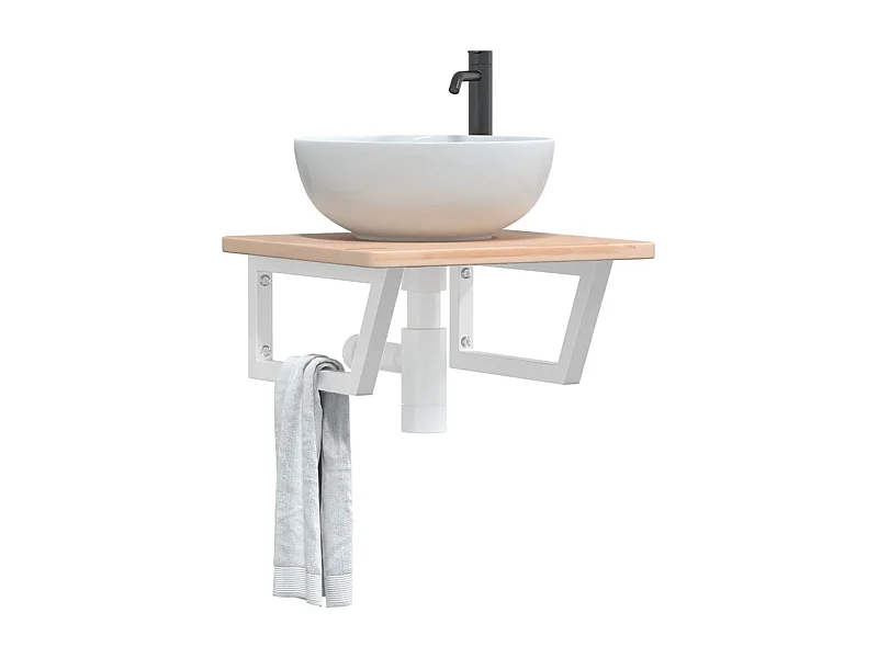 Estante de lavabo de pared de acero y madera maciza de roble