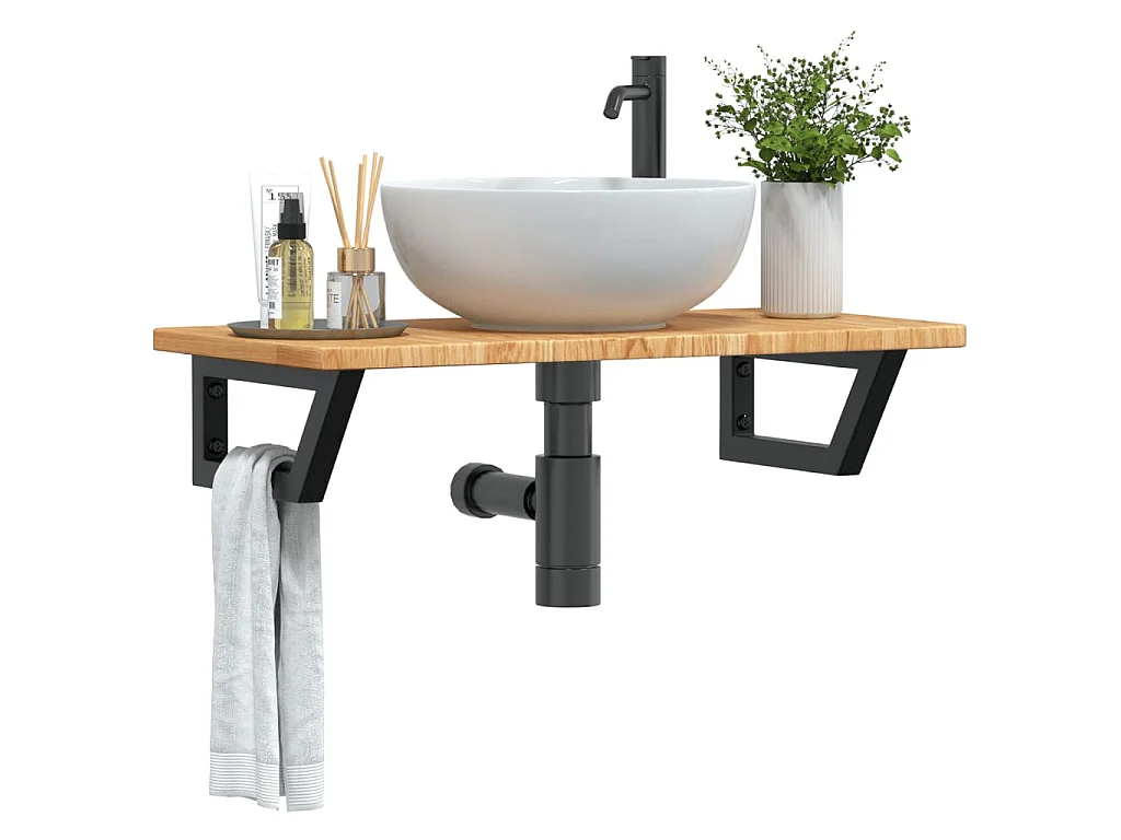 Estante de lavabo de pared de acero y madera maciza de roble