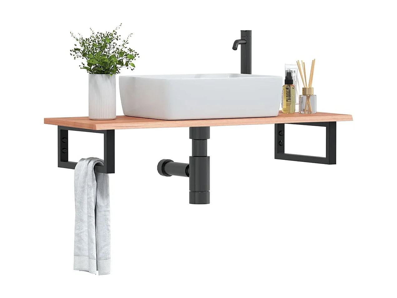 Ripiano a Parete per Lavabo in Acciaio e Massello di Rovere