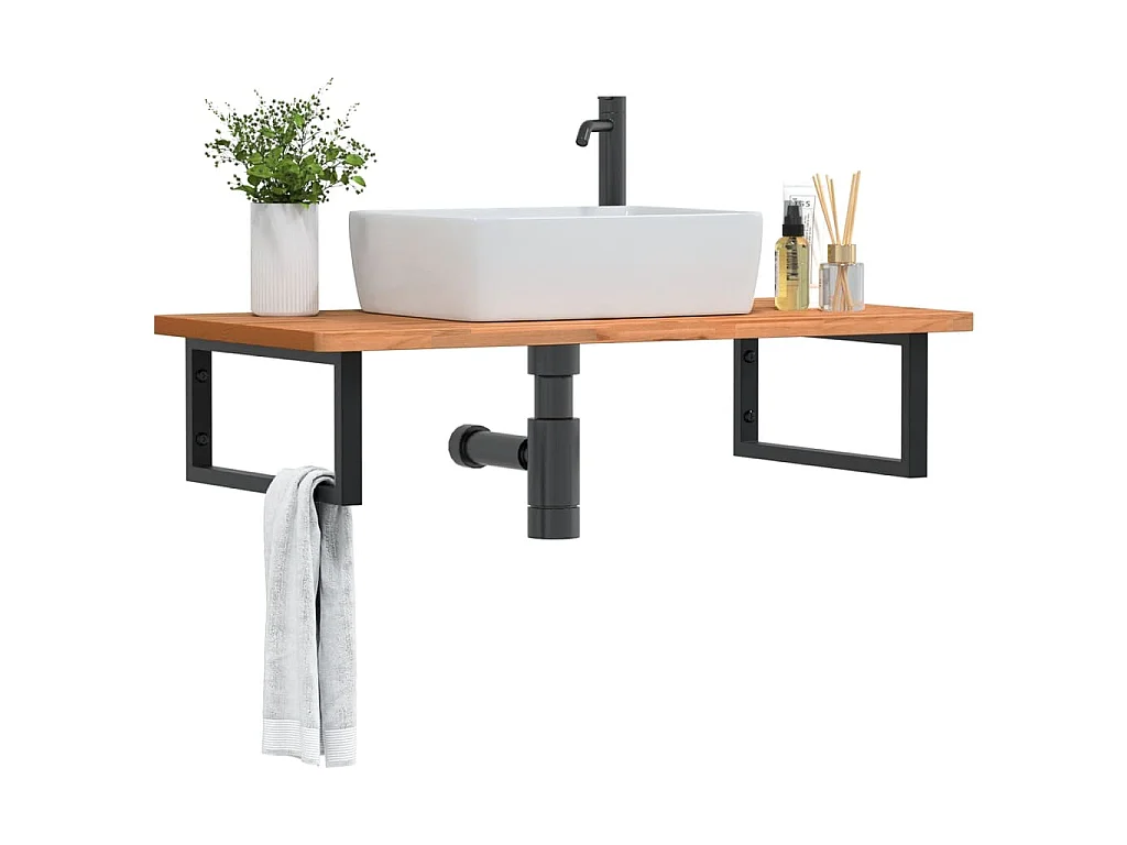 Waschbeckenregal Wandmontage Stahl und Massivholz Buche
