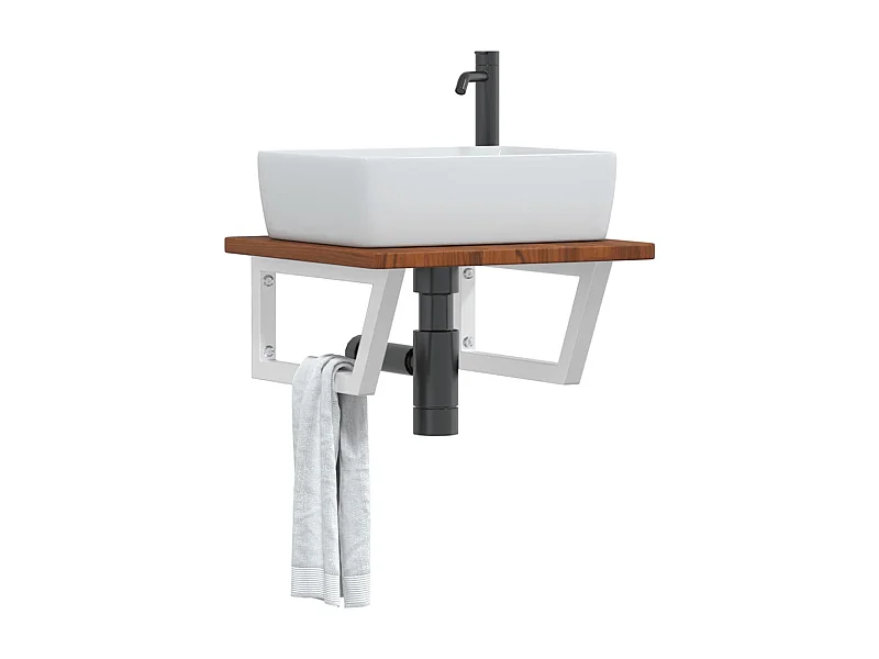 Estante de lavabo de pared de acero y madera maciza de roble