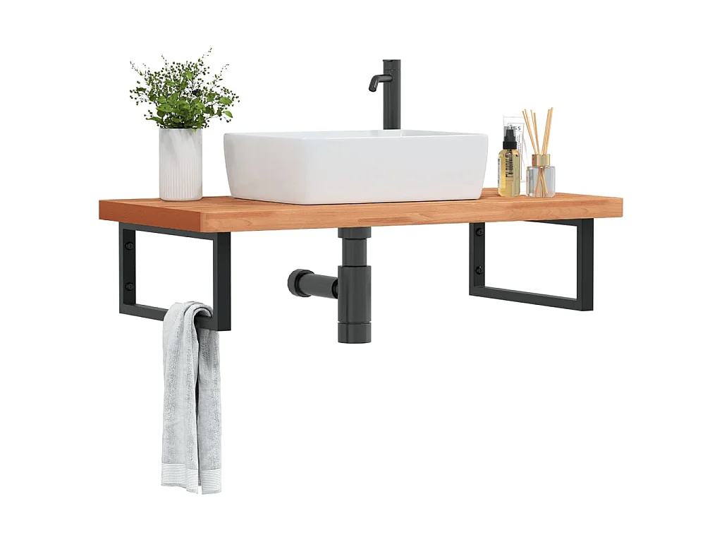 Waschbeckenregal Wandmontage Stahl und Massivholz Buche