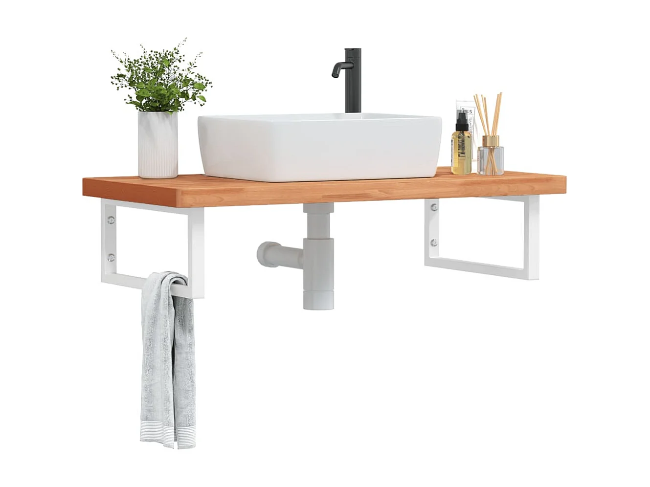 Estante de lavabo de pared de acero y madera maciza de haya