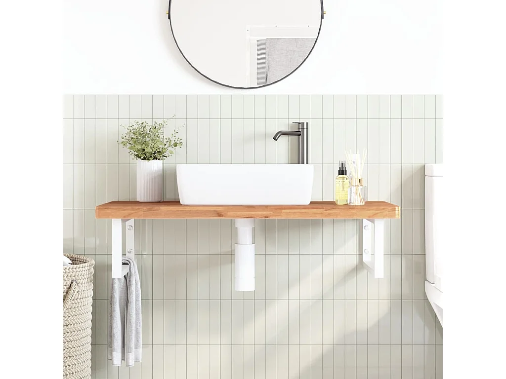Estante de lavabo de pared de acero y madera maciza de haya