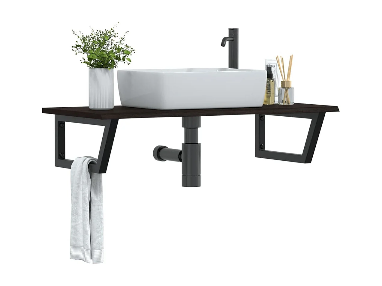 Estante de lavabo de pared de acero y madera maciza de roble