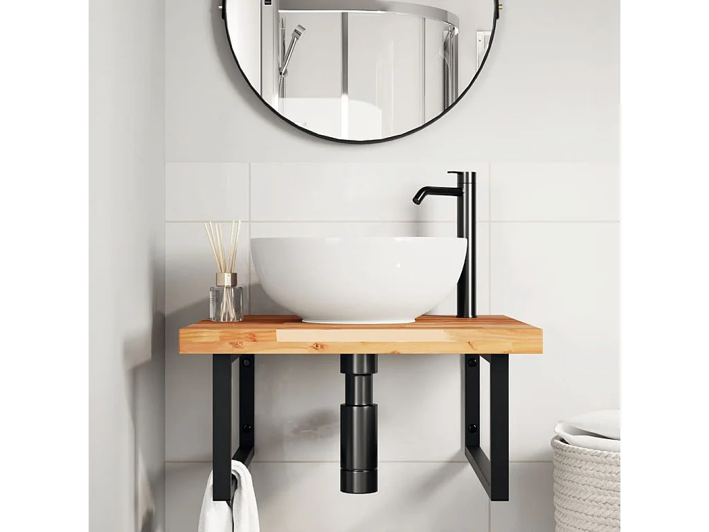 Ripiano a Parete per Lavabo in Acciaio e Massello di Acacia