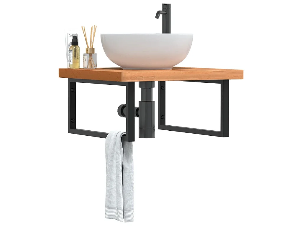 Ripiano a Parete per Lavabo in Acciaio e Massello di Faggio