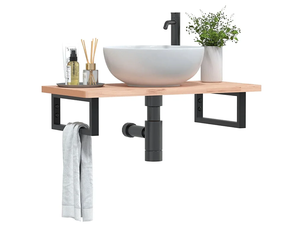 Waschbeckenregal Wandmontage Stahl und Massivholz Buche