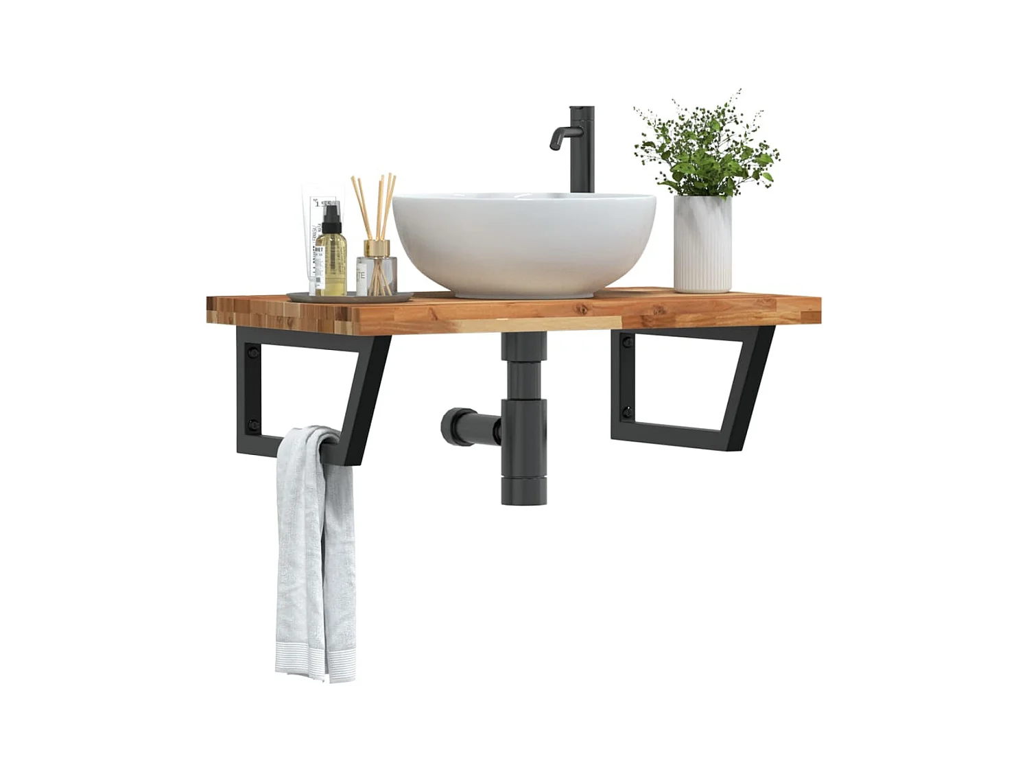 Estante de lavabo de pared acero y madera maciza de acacia