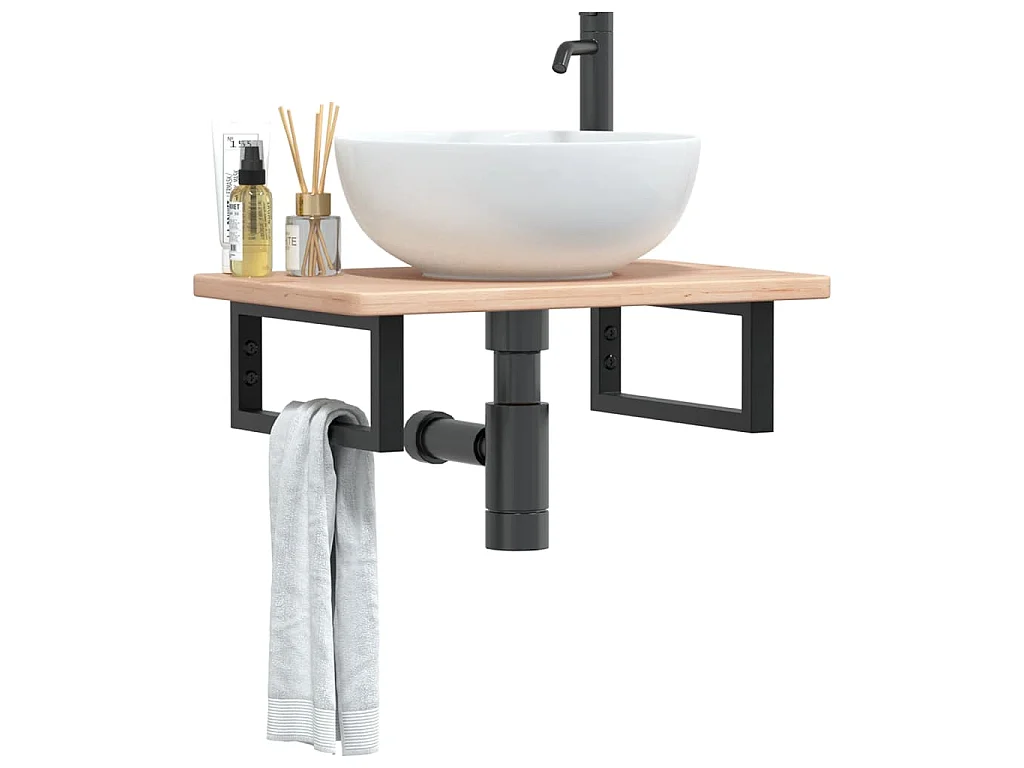 Estante de lavabo de pared de acero y madera maciza de roble