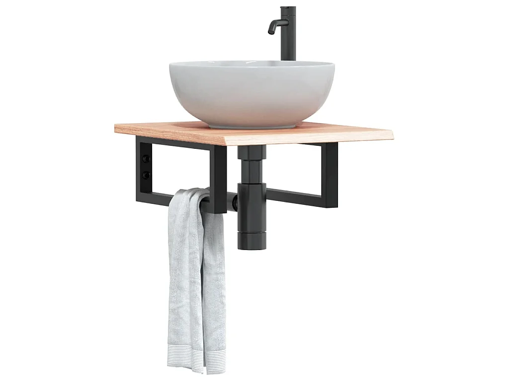 Estante de lavabo de pared de acero y madera maciza de roble