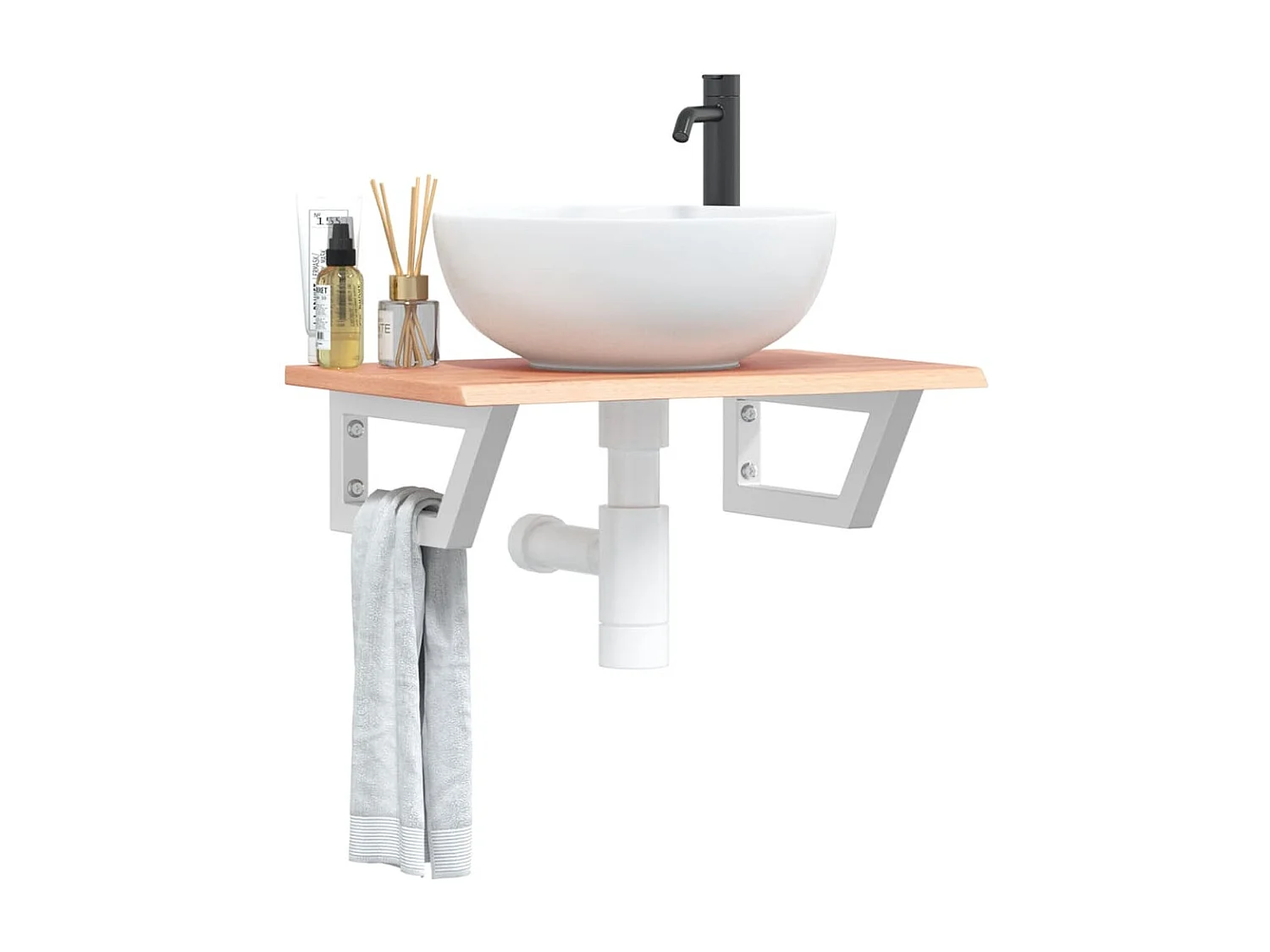 Estante de lavabo de pared de acero y madera maciza de roble