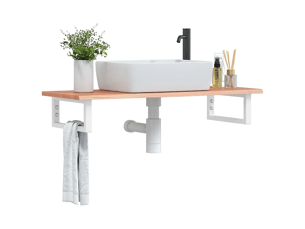 Estante de lavabo de pared de acero y madera maciza de roble