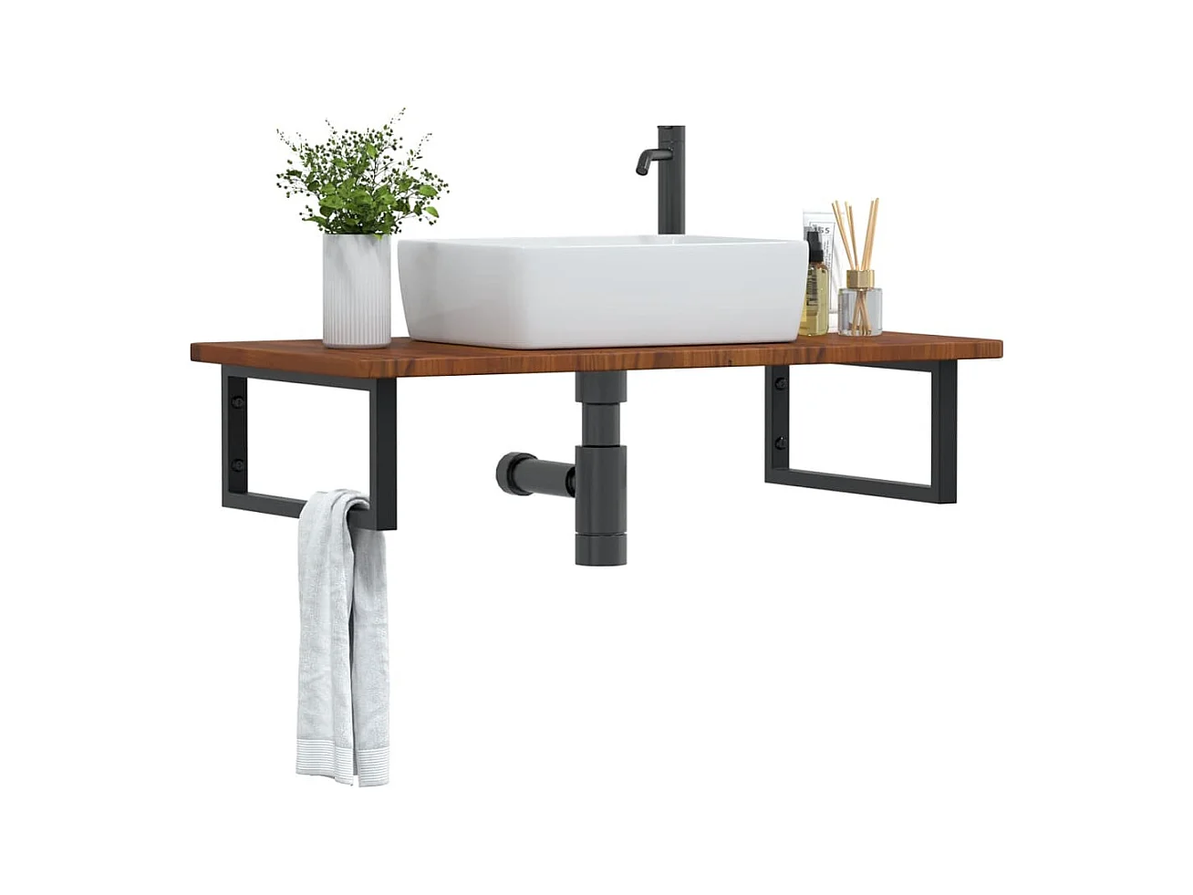 Estante de lavabo de pared de acero y madera maciza de roble