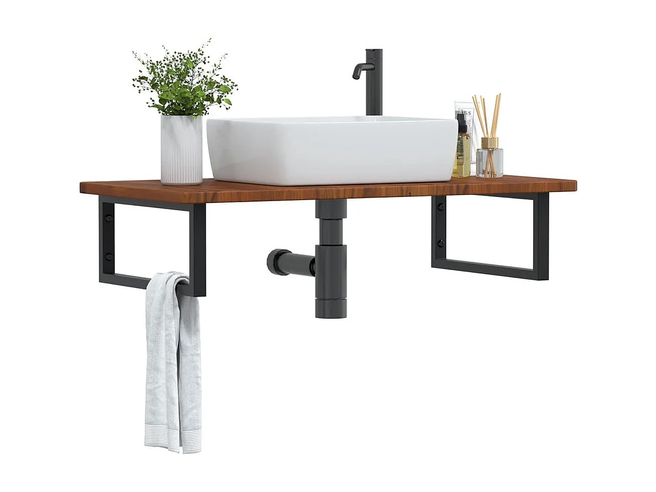 Waschtischplatte mit Halterung Stahl und Massivholz Eiche