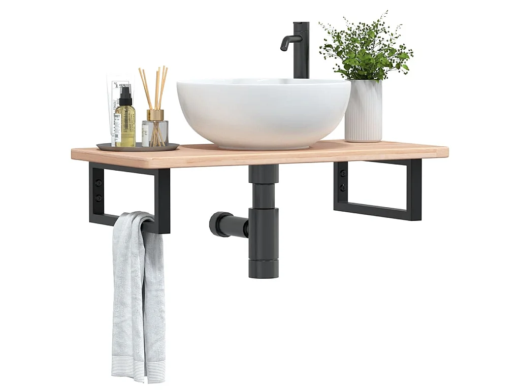 Estante de lavabo de pared de acero y madera maciza de roble
