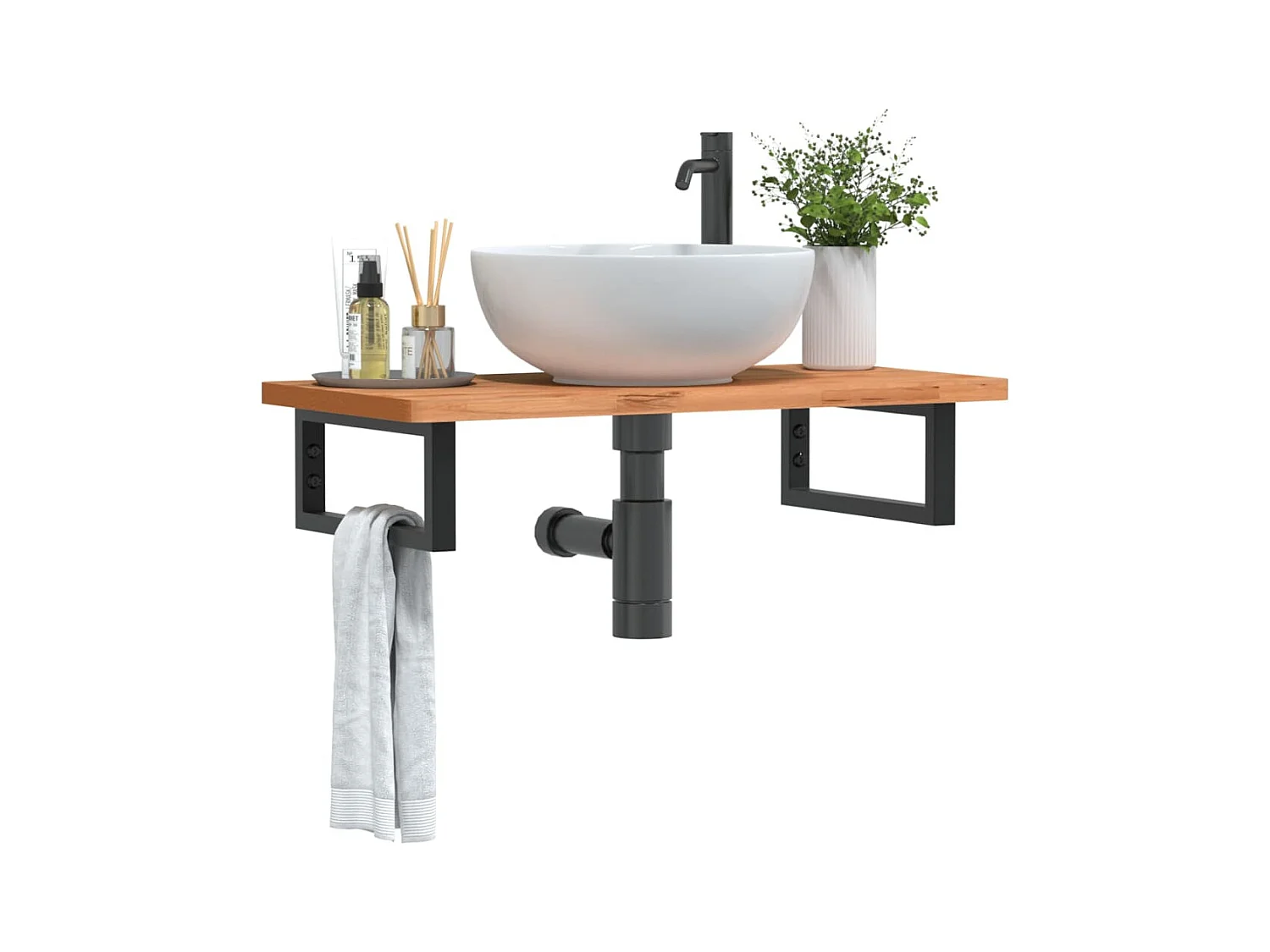 Waschbeckenregal Wandmontage Stahl und Massivholz Buche