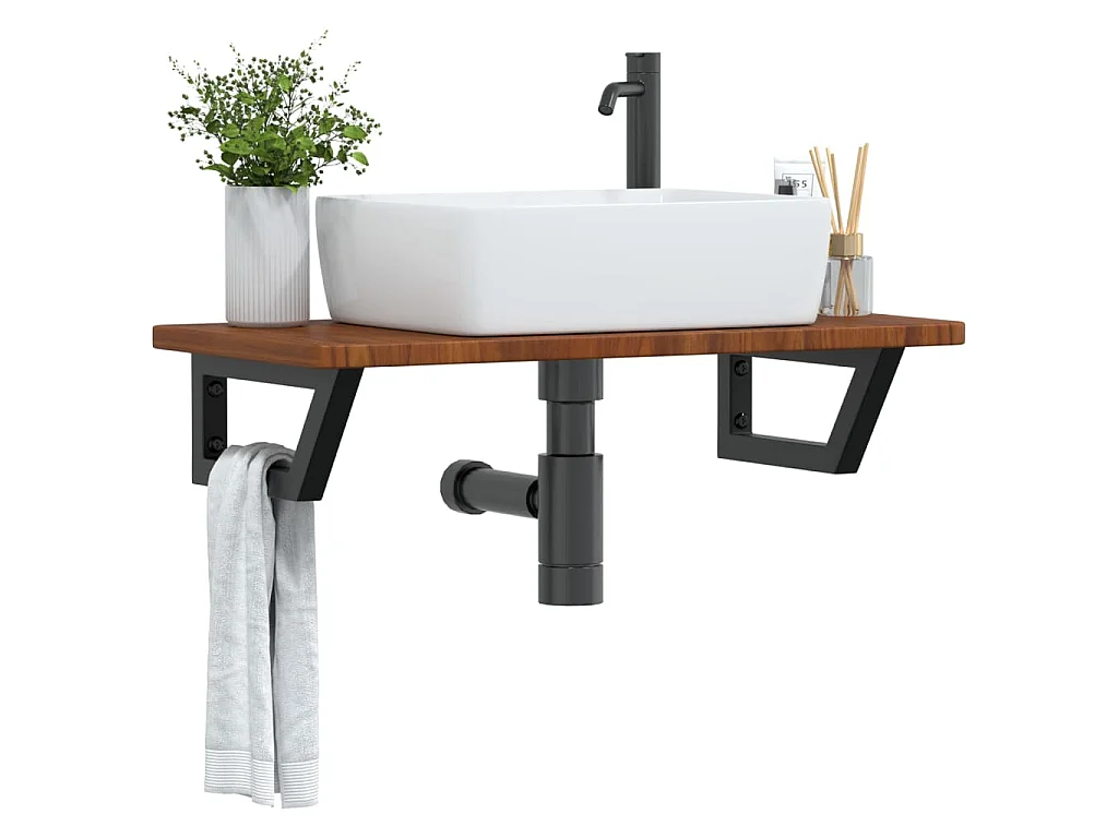 Estante de lavabo de pared de acero y madera maciza de roble