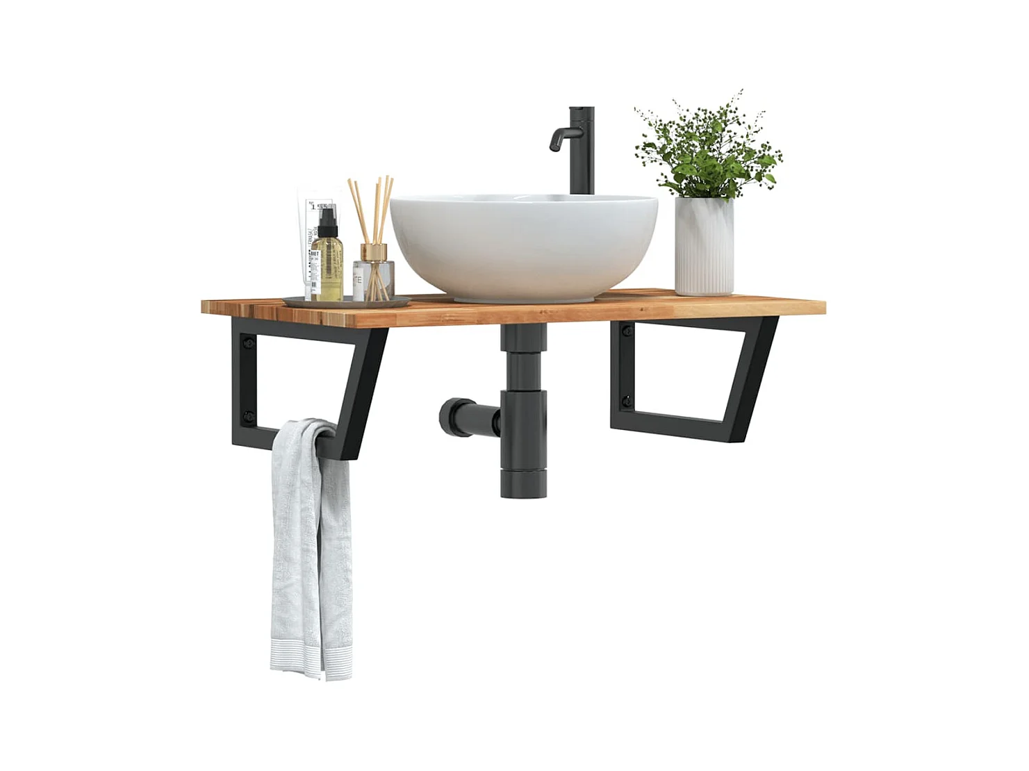 Ripiano a Parete per Lavabo in Acciaio e Massello di Acacia