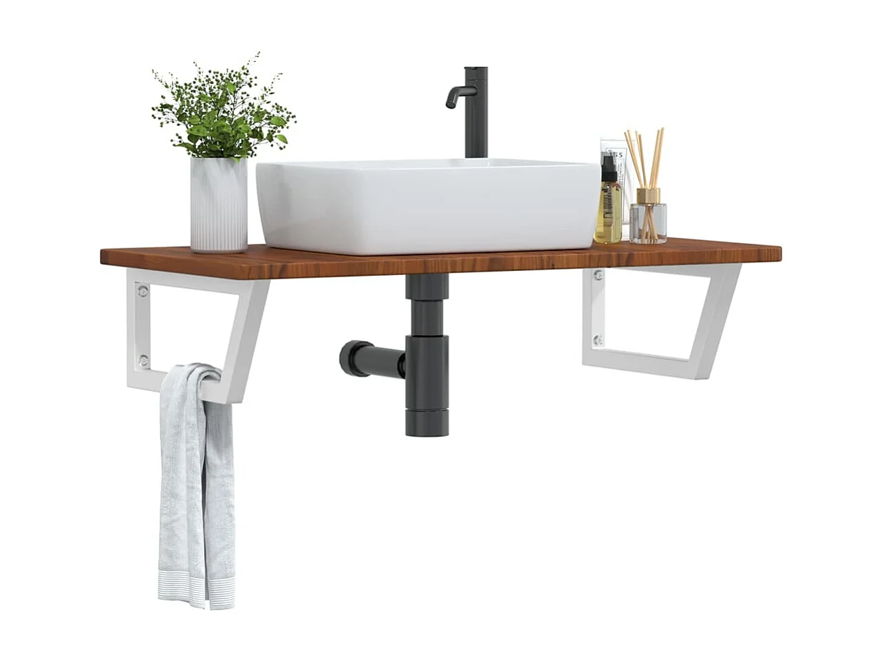 Estante de lavabo de pared de acero y madera maciza de roble