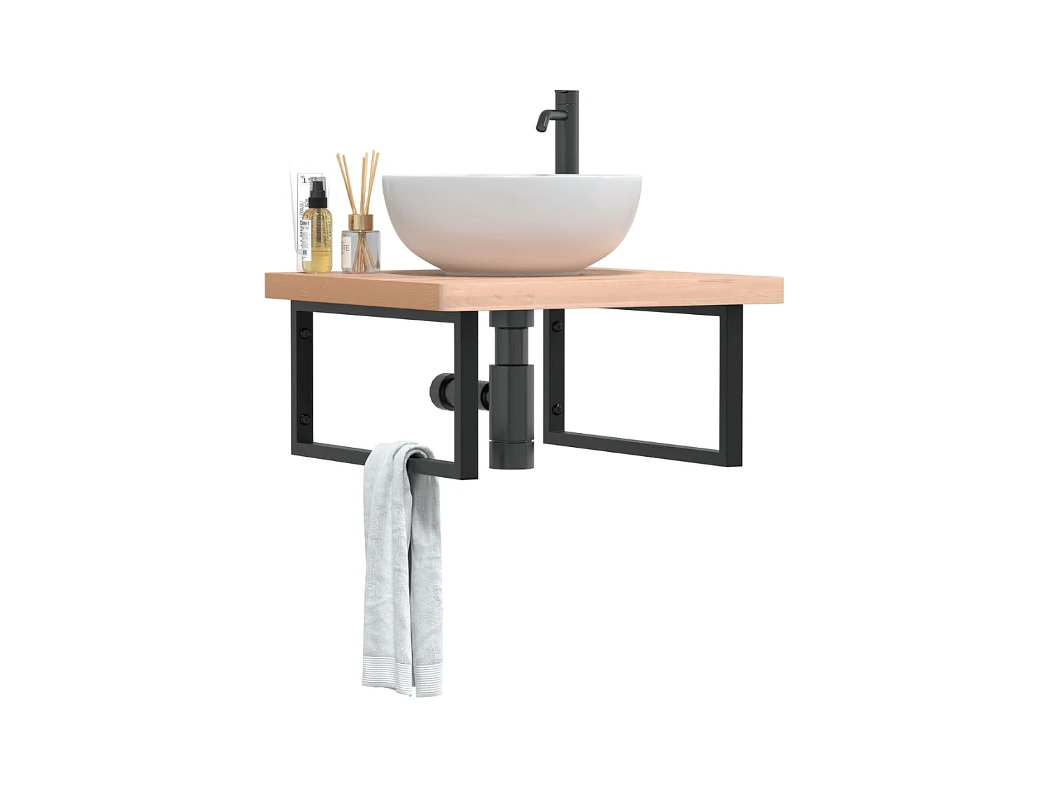 Waschbeckenregal Wandmontage Stahl und Massivholz Buche