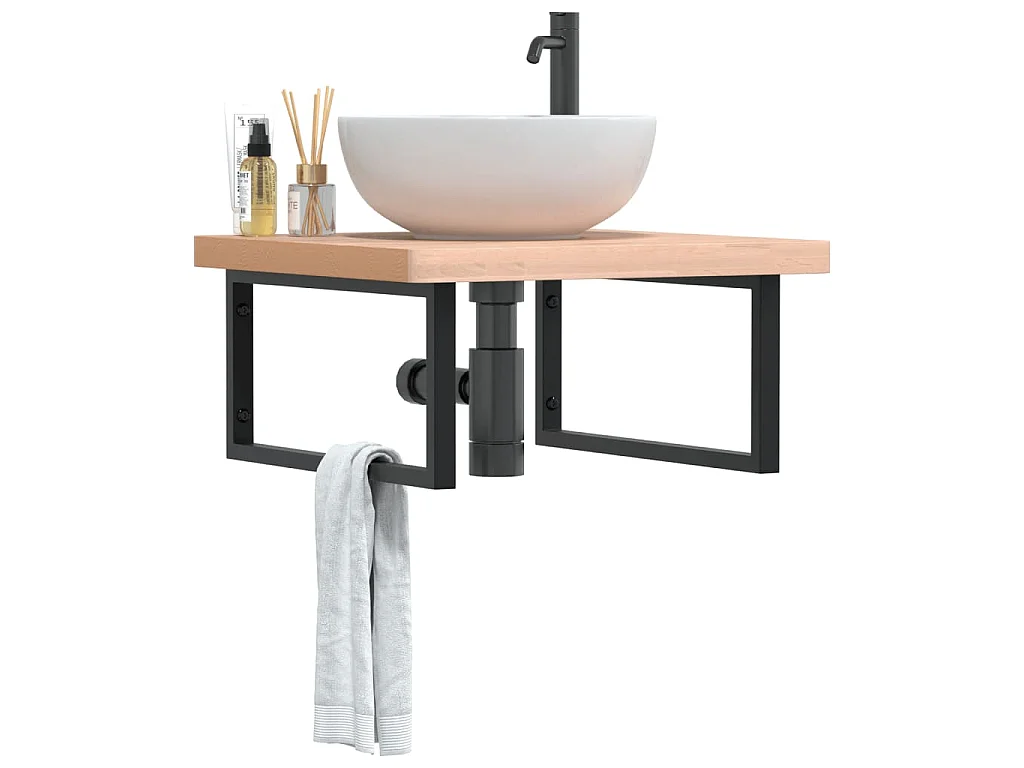 Ripiano a Parete per Lavabo in Acciaio e Massello di Faggio