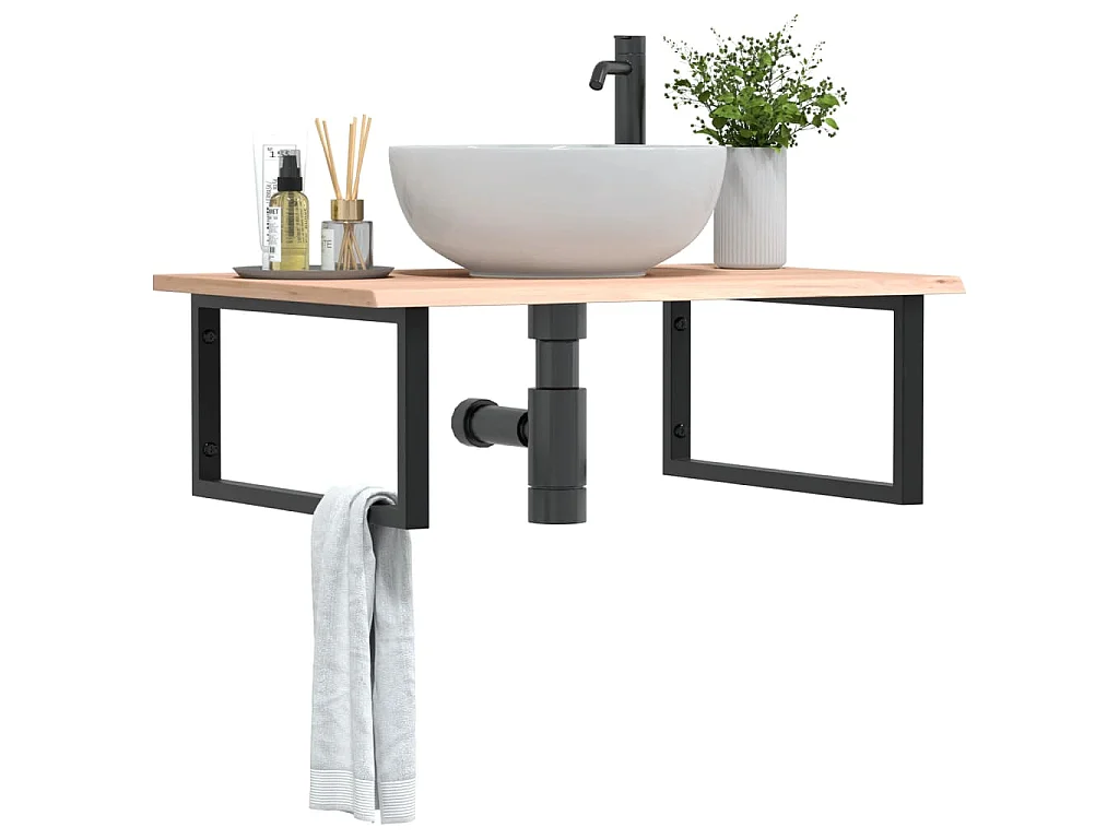 Estante de lavabo de pared de acero y madera maciza de roble