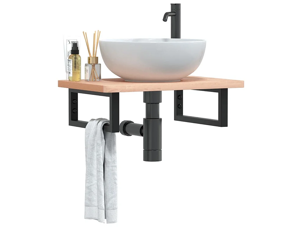 Waschbeckenregal Wandmontage Stahl und Massivholz Buche