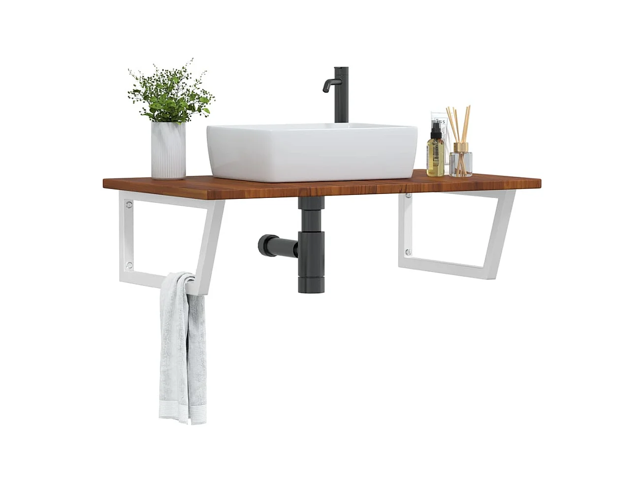 Ripiano a Parete per Lavabo in Acciaio e Massello di Rovere