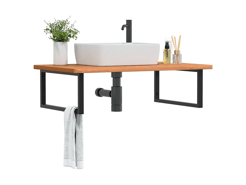 Estante de lavabo de pared de acero y madera maciza de haya