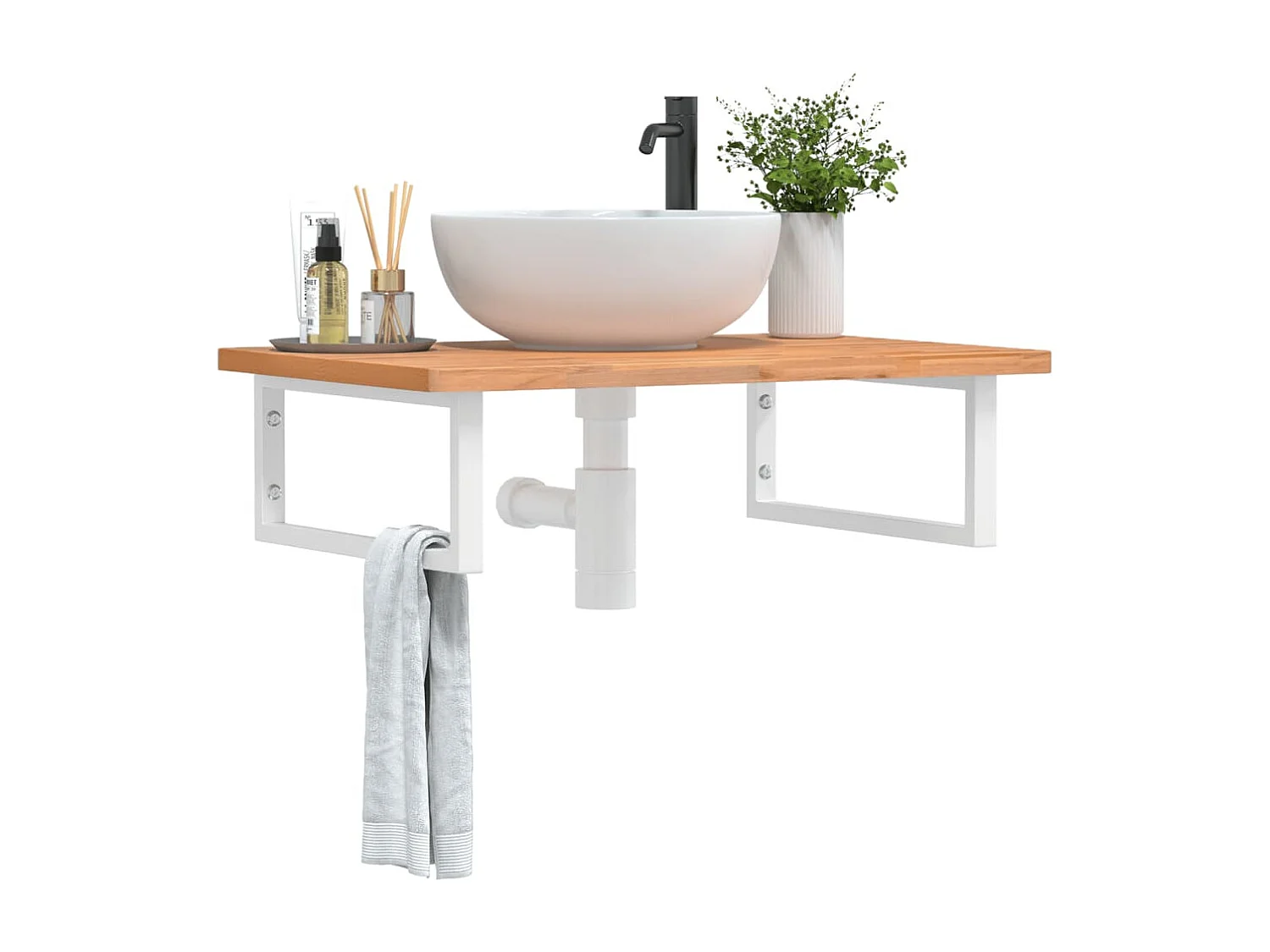 Étagère de vasque murale acier et bois massif de hêtre