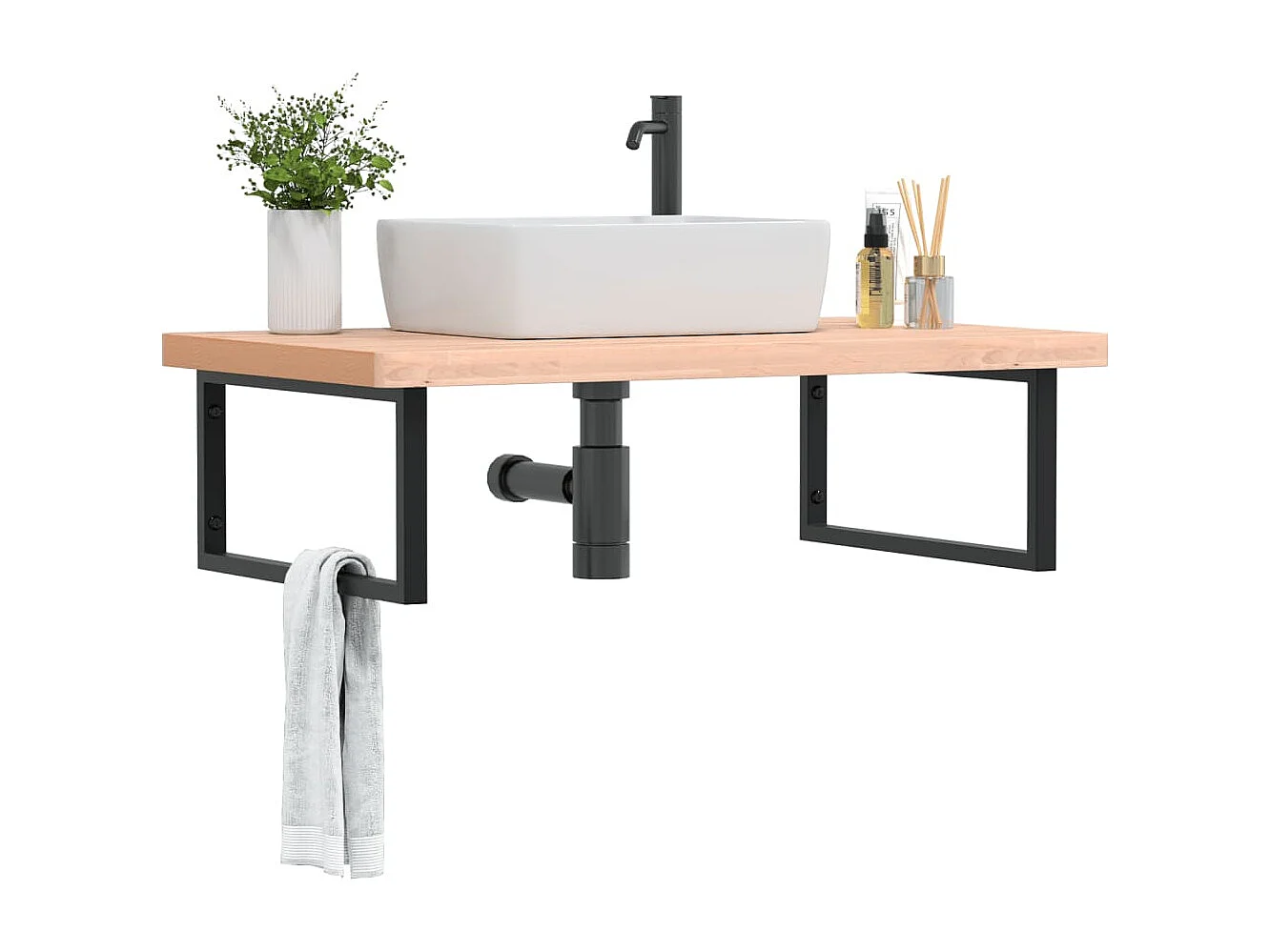 Ripiano a Parete per Lavabo in Acciaio e Massello di Faggio