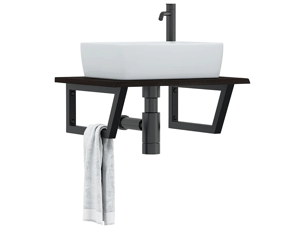 Estante de lavabo de pared de acero y madera maciza de roble