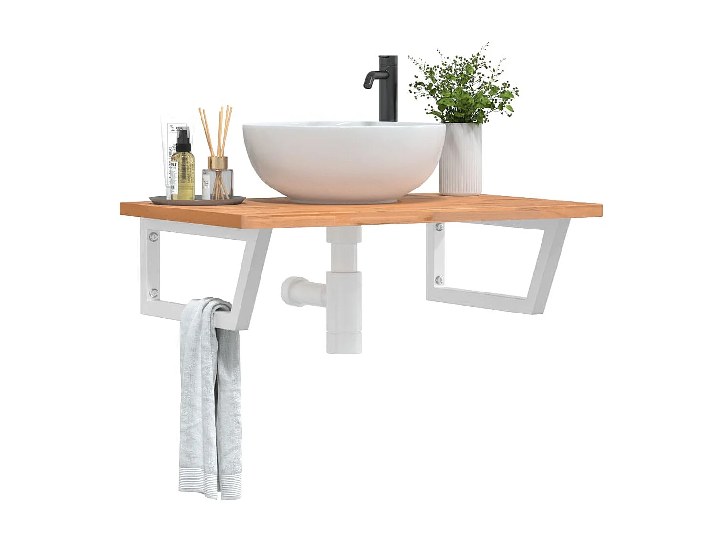 Étagère de vasque murale acier et bois massif de hêtre