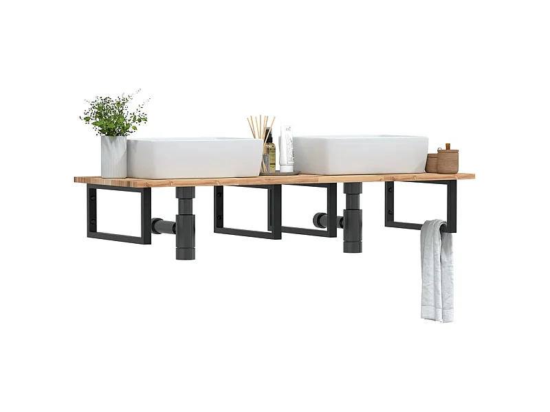 Ripiano a Parete per Lavabo in Acciaio e Massello di Acacia