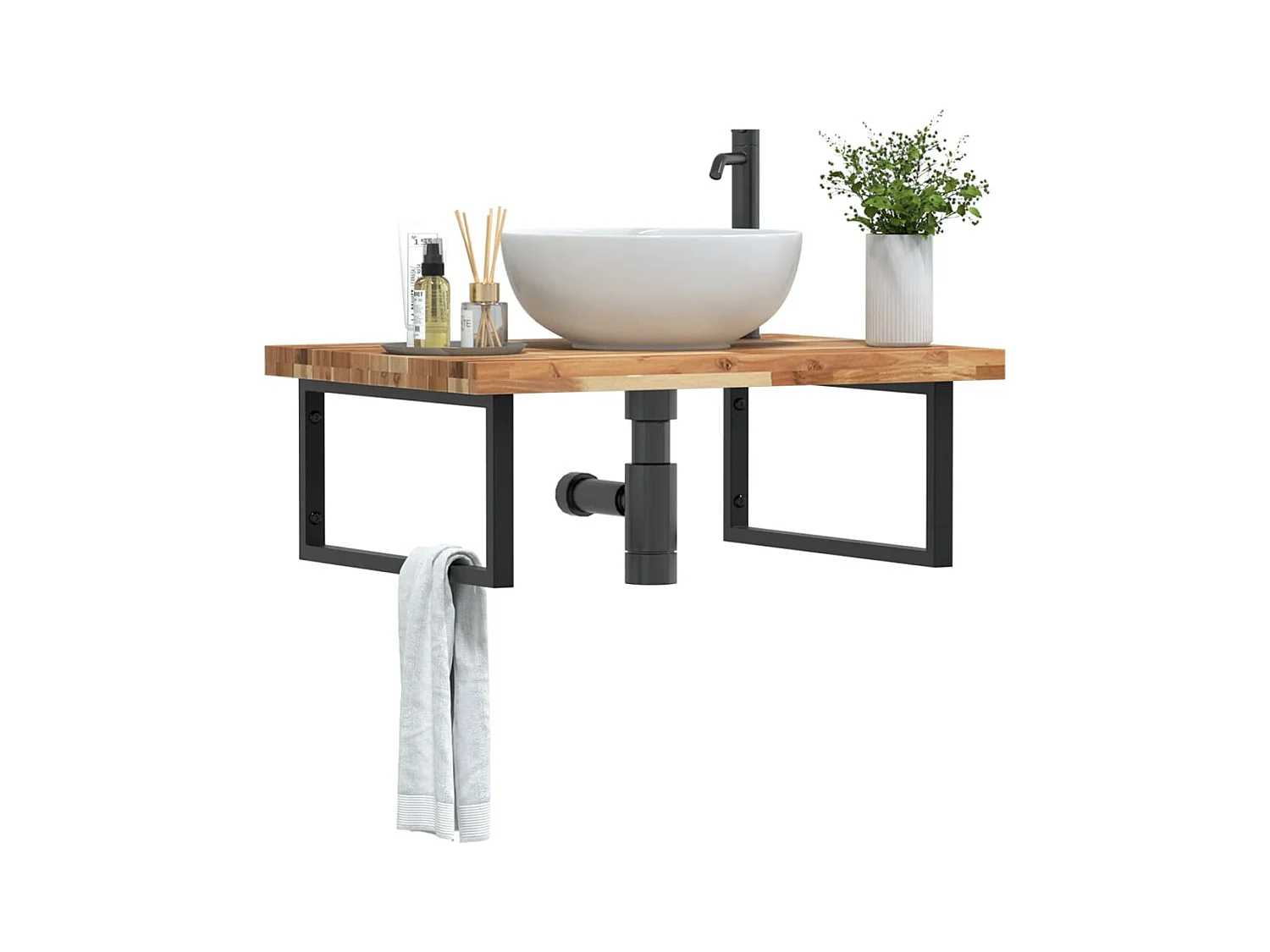 Estante de lavabo de pared acero y madera maciza de acacia