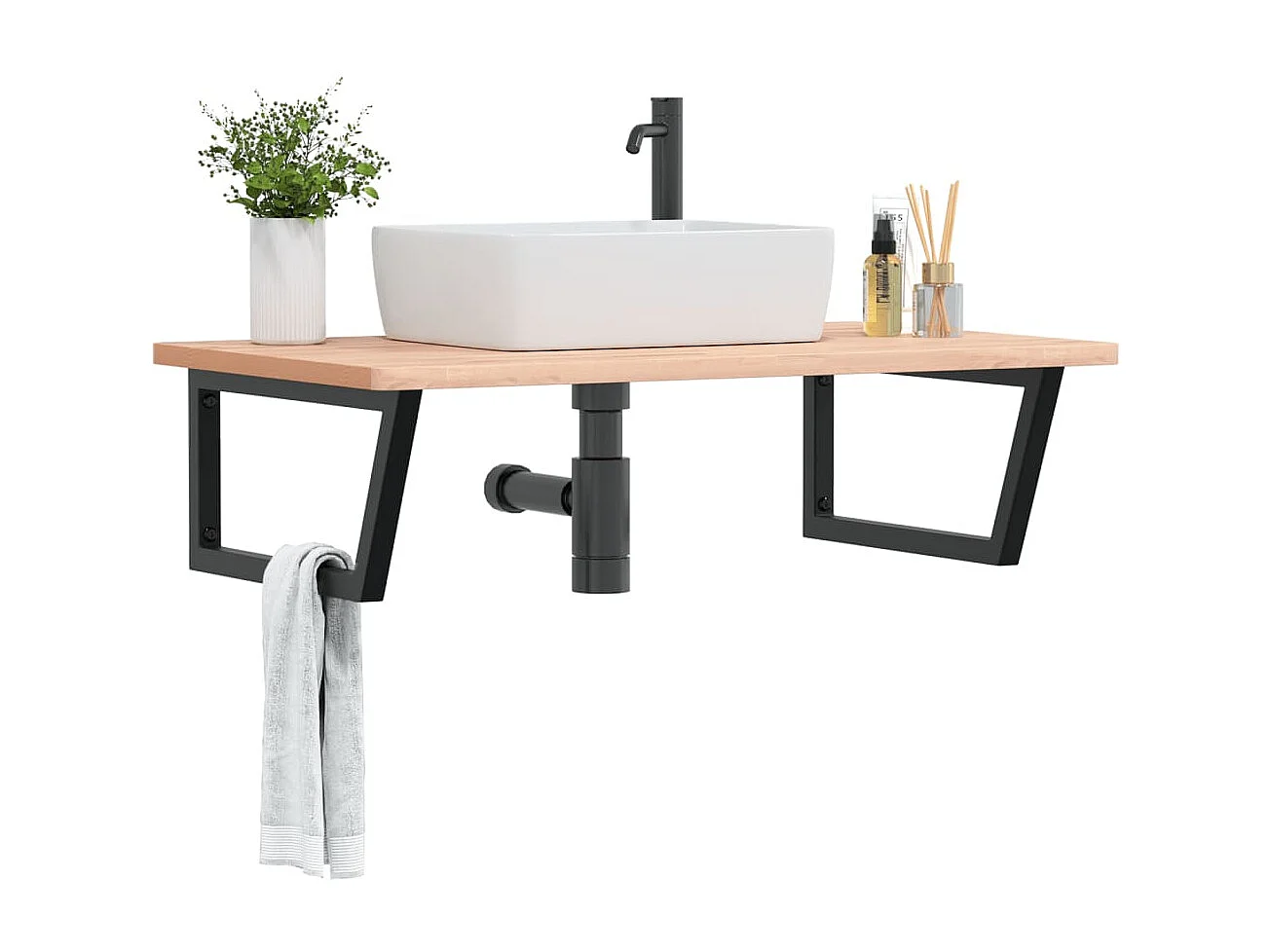 Étagère de vasque murale acier et bois massif de hêtre