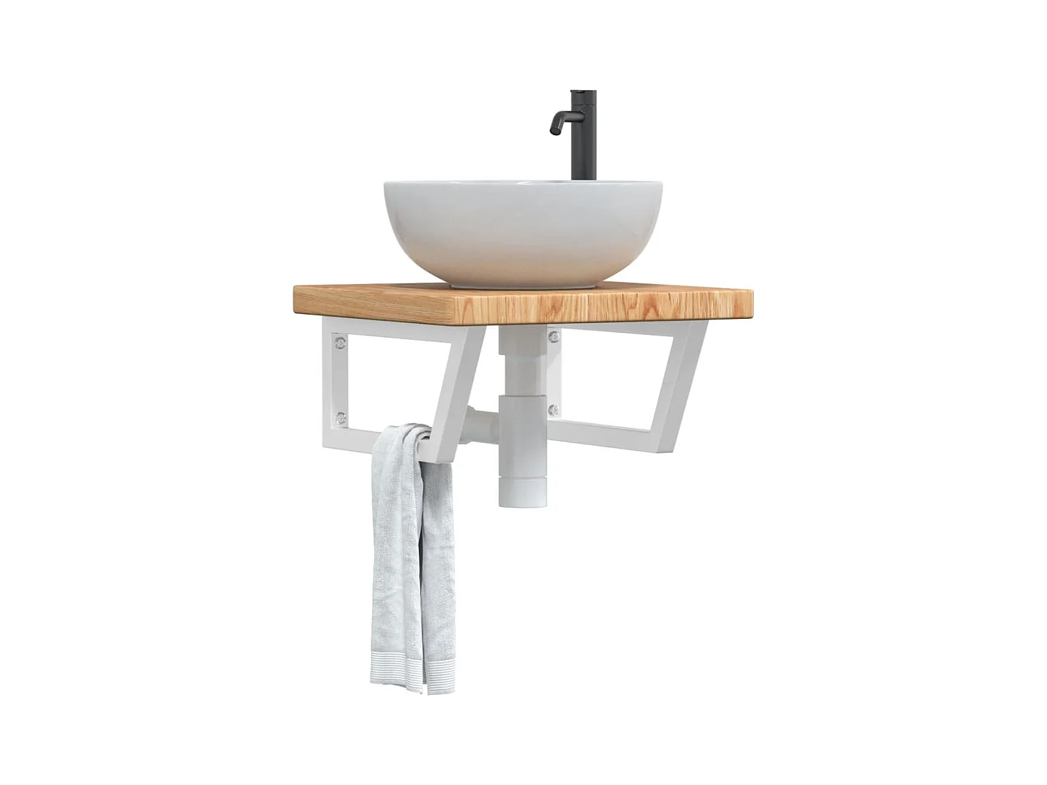 Estante de lavabo de pared de acero y madera maciza de roble