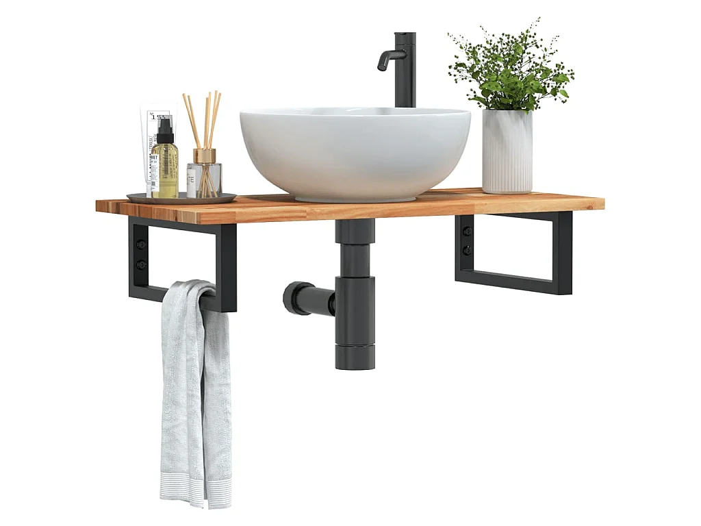 Ripiano a Parete per Lavabo in Acciaio e Massello di Acacia